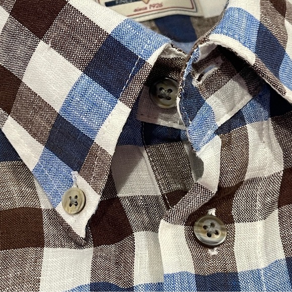 Haupt Linen Blue Brown Checked Button Up Size XL 17 1/2 Long Sleeve Mens Germany - Picture 7 of 9